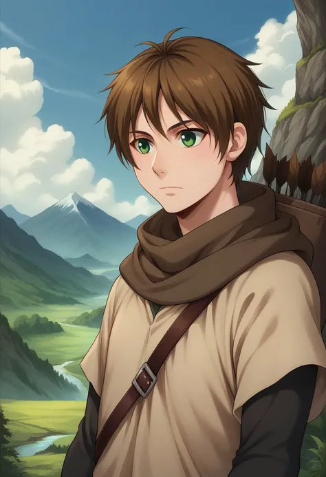 score_9, score_8_up, score_7_up, source_anime, highly detailed, 
elam, 1boy, male focus, solo, brown hair, green eyes, tunic, quiver, arrow (projectile), scarf, upper body, short over long sleeves
outdoor, mountains, sky, clouds, wind,