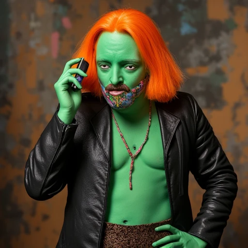 (CIVITAI TRAINING EXAMPLE)
alcohol, mouth mask, jacket, green skin, orange hair, phone, hand on hip, easter, parody, necklace, Culkin, earth (planet), cane