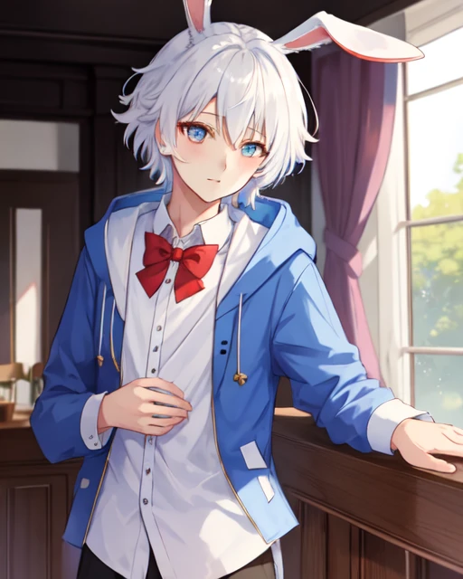 Khyo, 1 boy, white hair, bunny ears, blue jacket, red bowtie, <lora:Khyo_2_2-000010:1>