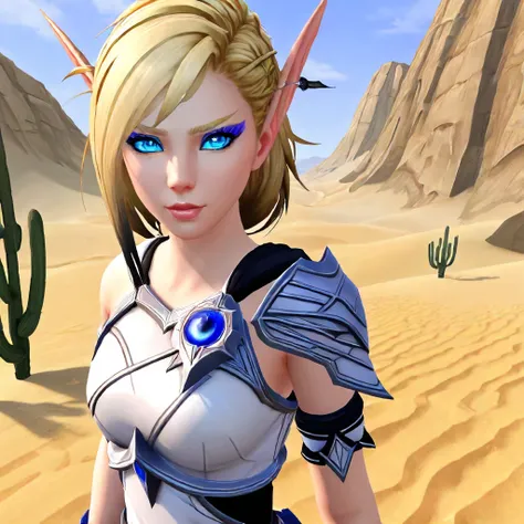 1girl, Alleria  <lora:Alleria SDXL:.7>, in the desert, blonde hair, blue eye mark, best quality