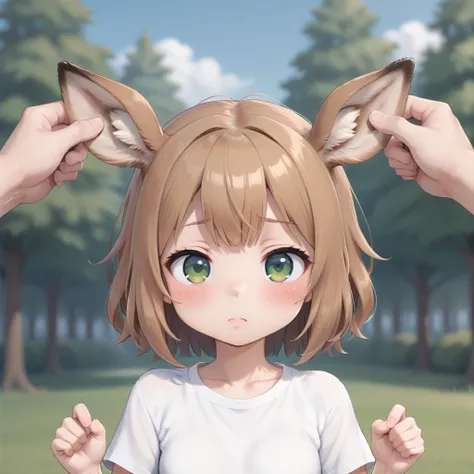 <lora:é¹¿:0.5> deer girl, blush, pinch deer ear from off screen