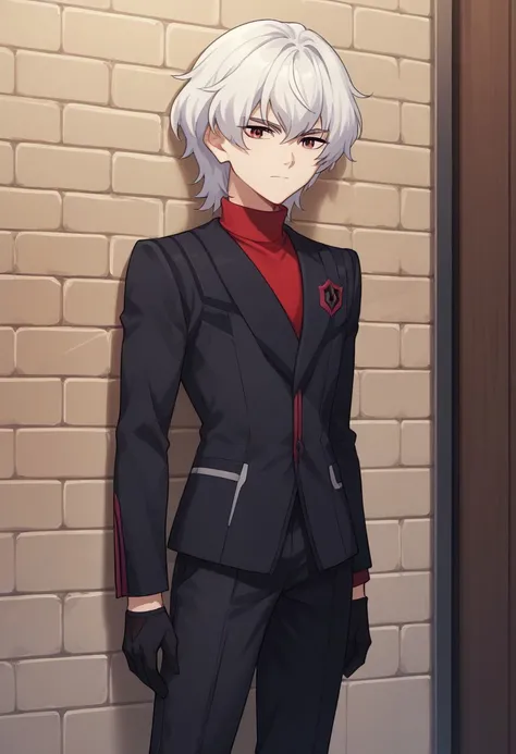 score_9, score_8_up, score_7_up, source_anime, highly detailed, 
lusia, 1boy, male focus, solo, gloves, upper body, white hair, uniform, medium hair, turtleneck, red eyes, jacket, black jacket, black pants, sweater, red sweater, 
indoor, wall, window,