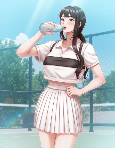 HyeRes Style. A woman with black hair wearing a tennis outfit with a pleated skirt drinking water from a bottle in the middle of the courtyard. The background shows a wired fence, the blue sky and trees.  <lora:Residence2_rank32_bf16:1>