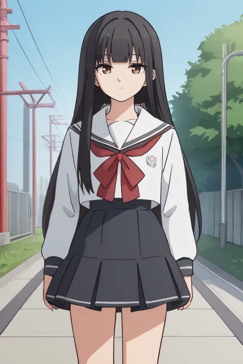 score_9, score_8_up, score_7_up, source_anime, rating_safe, intricate details, 1girl, <lora:Kuga_Mikoto:1>, black hair, long hair, brown eyes, himecut, school uniform, white shirt, long sleeves, pleated skirt, serafuku, black skirt, sailor collar, outdoor,...