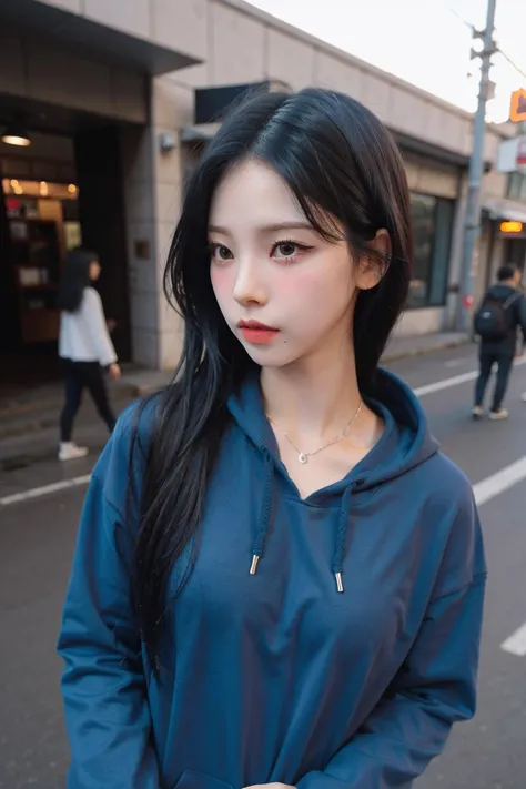 upper body photo of aespakarina in blue hoodie, makeup, streets, day, hard shadows, (photorealistic:2.0), <lora:aespakarina-v011:1>