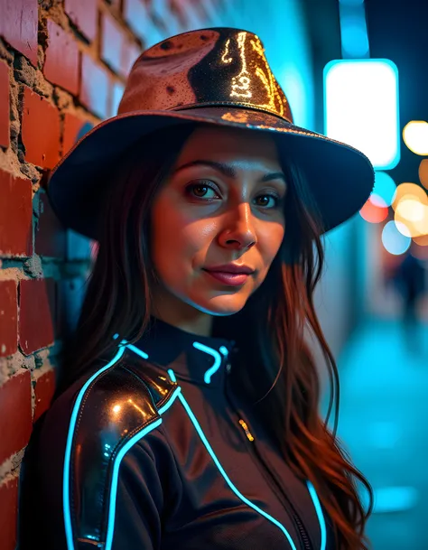 In a grungy, neon-lit alleyway of a cyberpunk metropolis, A5HL3YC, a woman with striking brown eyes and long, tousled brown hair, poses against the crumbling brick wall. She wears a unique, high-tech outfit consisting of a form-fitting jumpsuit adorned wit...