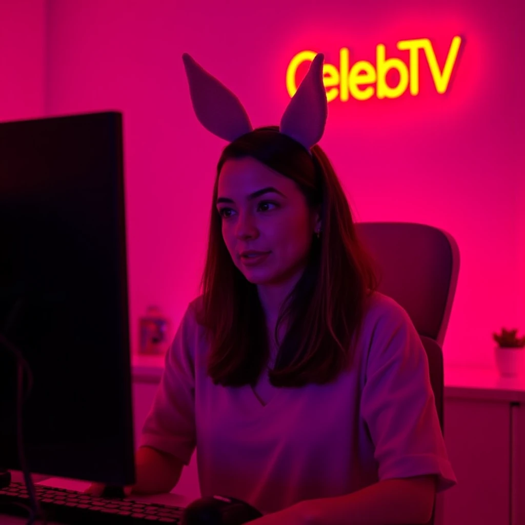 A twitch streamer woman talking to the camera on her streaming setup sitting in a cute neon lit pink streamer room and wearing bunny ears. The orange neon sign in the background reads "CelebTV".   <lora:Vanmerrell_FLUX_v1-000061:1>