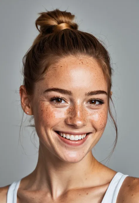 beautiful lady, (freckles), big smile, brown hazel eyes, Ponytail, dark makeup, hyperdetailed photography, soft light, head and shoulders portrait, cover