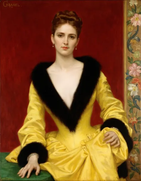 the painting by cabanel depicts a woman in a lavish golden-yellow gown with a black fur collar. she stands against a deep red ba...