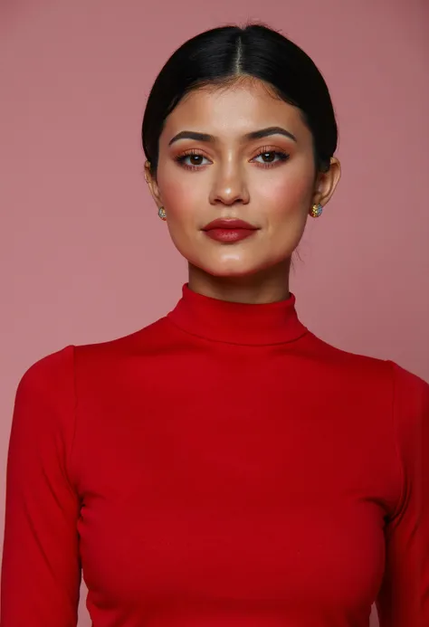 The image is a portrait of a woman wearing red turtleneck, front view