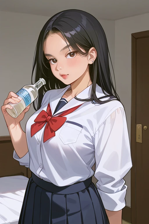 4n1v3rs3, score_9, score_8_up, score_7_up, (Western Comics), upper body shot. 1girl. chubby, black hair, She stands majestically in the bedroom, wearing school uniform while holding a bottle, cleavage. Her presence emanates an aura of power and mystery, pe...