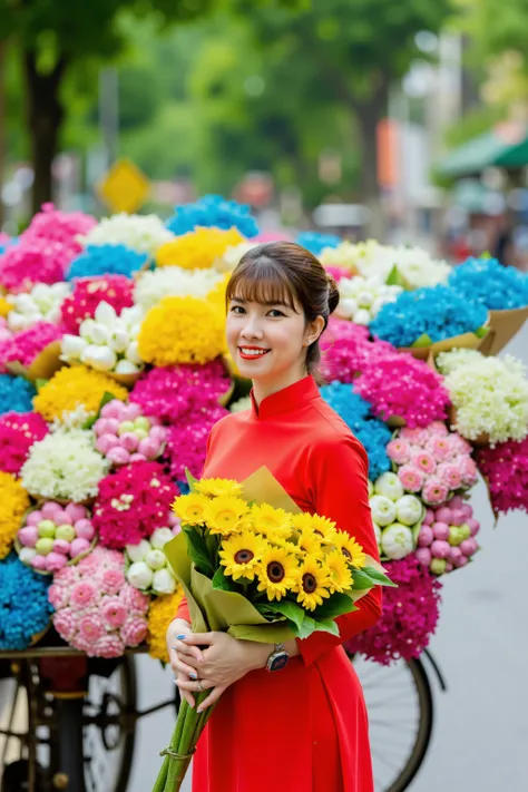 HanoiGirl, aodai, a girl wearing a traditional Vietnamese dress. She is standing in front of a large bouquet of colorful flowers. looking at viewer. The cart is parked on a street with trees and buildings in the background. The flowers are arranged in a va...