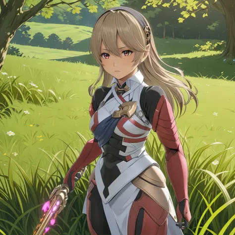 1girl, woman,  standing in grass, (anime, masterpiece, intricate:1.3), (best quality, hires textures, high detail:1.2), (4k),(incredibly detailed:1.4),UHD, 8K, ultra detailed <lora:CorrinFEXL:.8>