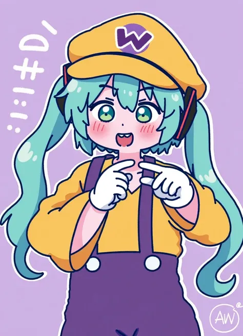 cute anime illustration, Hatsune Miku blue hair, twintails, cosplaying as Wario, solo, smile, open mouth, yellow shirt, white gloves, hat, teeth, white gloves, muscular, facial hair, thick eyebrows, purple background, yellow shirt, mustache, purple overall...