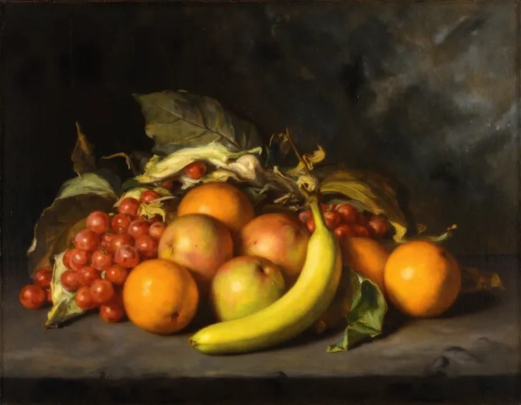 the painting by cabanel depicts a still life of various fruits. the colors are monochrome with calm reds oranges greens and yell...