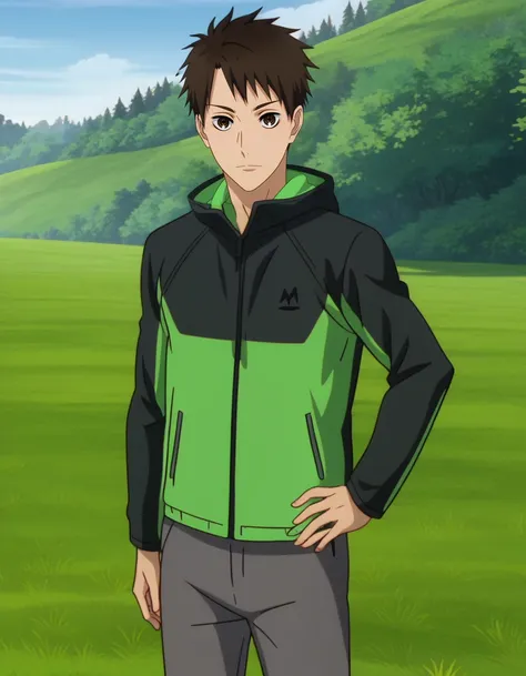 <lora:Kakeru_and_Haiji:1>,zPDXL2,haiji kiyose,1boy,male focus,solo,hand on own hip,looking at viewer,jacket,outdoors,pants,standing,cowboy shot,green-black jacket,grass,smile,track jacket,tree,hood,hood down,grey pants,anime screenshot,