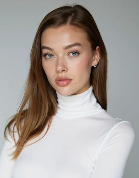 <lora:Jessica_Alexander:1>, a woman, blue eyes, with shoulder long hair, wears a white turtle neck top, posing for a picture, looking to viewer, gray background