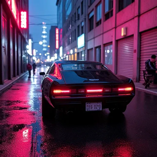 Silsca parked in a cyberpunk metropolis alleyway with reflections and neon lights