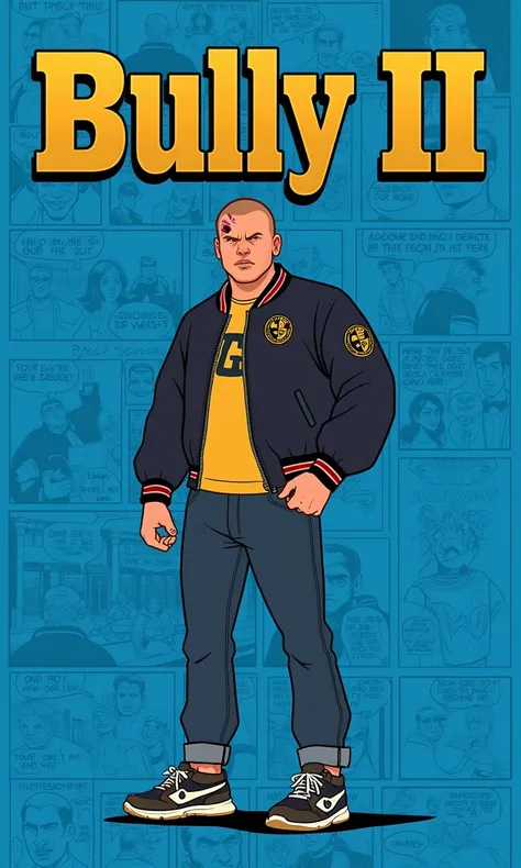 Title: Display the title "Bully II" in bold gold text, Times New Roman font

main character: a man with a shaved head and a scar on the top of his head, wearing a puffy jacket with an emblem on it, tough-looking, sneakers, 

visual style: bullylsf1, blue b...