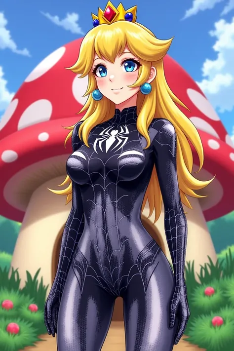 anime illustration of a blonde Princess Peach from Mario woman wearing a black SymbioteSuit in front of the mushroom kingdom
<lora:Symbiote1500:1>