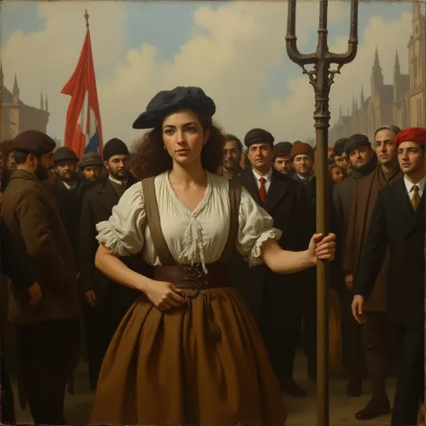 (Beautiful impressionistic oil painting) of a woman in the 1870s in france during the french revolution holding a three-pronged simple pitchfork and leading a rabble of shouting people to the bastille. She is clothed in french peasant clothing of the early...