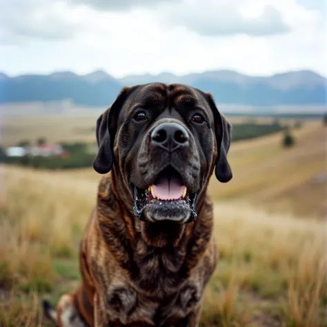 Brindle English Mastiff, up-close face shot, award-winning Nat-Geo photograph, sitting on a grassy Montana hilltop overlooking rural rangeland with distance Montana mountains, masterpiece, dynamic play of light, high blacks, rich colors, 35mm photograph, K...