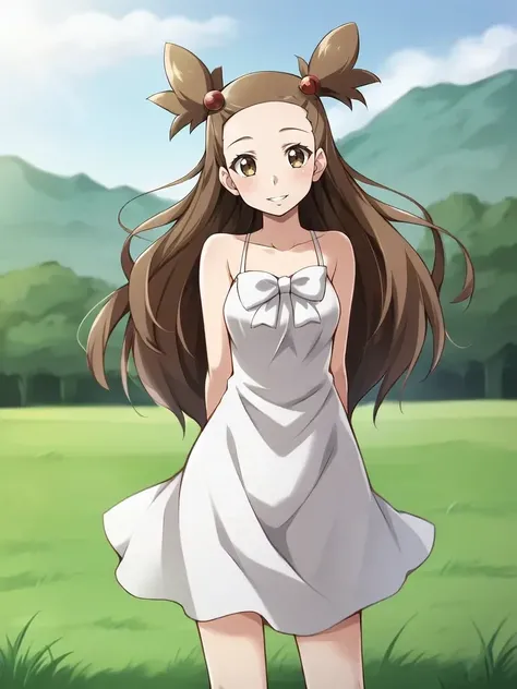 <lora:mijasminekantsukishiro:0.7>
1girl, solo, jasmikane, brown hair, long hair, two side up, hair bobbles, white dress, sleeveless, white bow, arms behind back, smile, parted lips, arms behind back, outdoors, grass, cowboy shot