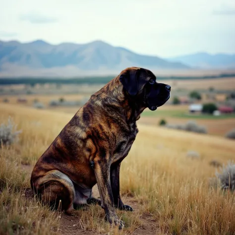 Brindle English Mastiff, award-winning Nat-Geo photograph, sitting on a grassy Montana hilltop overlooking rural rangeland with distance Montana mountains, masterpiece, dynamic play of light, high blacks, rich colors, 35mm photograph, Kodachrome
