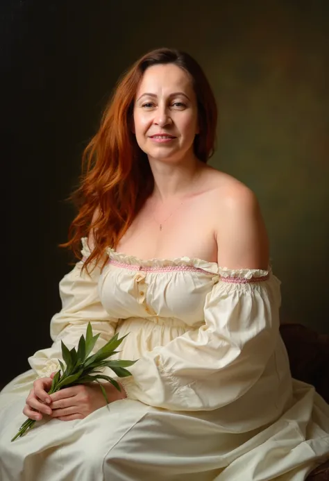 This image is a classical oil painting depicting a young woman in a serene and elegant pose. The subject, who appears to be of European descent, has fair skin and long, wavy, auburn hair that cascades down her shoulders. She is dressed in a flowing, off-th...