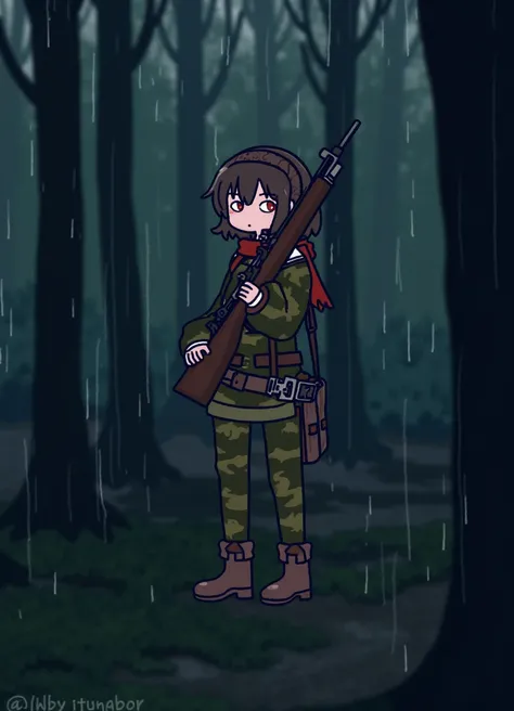 The image is a digital drawing in a simplistic, anime style. woman solider holding a rifle, in a dark forest, wearing camouflage jacket and pants. It is raining.