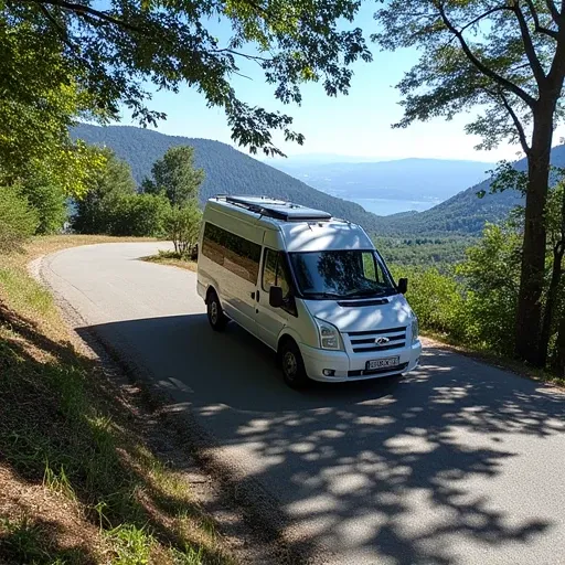 Silsca parked on a mountain road, with trees and trees casting shade, with a valley in the background