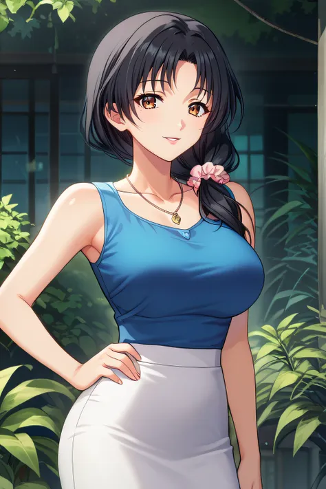 score_9, score_8_up, score_7_up, source_anime, rating_safe, intricate details, anime screencap, official style, 1girl, <lora:Miyuri_Natsuki:1>, miyuri, black hair, brown eyes, hair over shoulder, floral scrunchie, necklace, collarbone, large breasts, blue ...