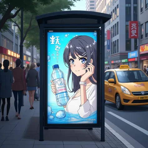 Bus stop in anime style in the city center, on the side wall is an ad for bottled water, on the ad the bottle is held by skrjmamai pressing it to her cheek with a confident expression and cute smile with tilted head and arch in her back with the other hand...