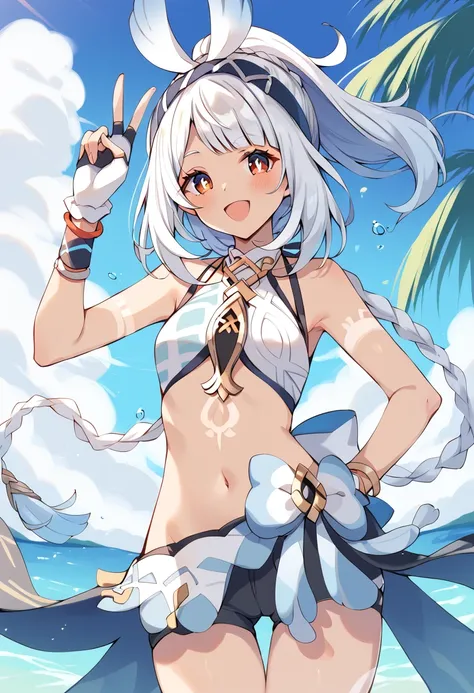 score_9, score_8_up, score_7_up, BREAK
mualani (genshin impact), 1girl, solo, open mouth, v, dark-skinned female, smile, looking at viewer, bare shoulders, arm tattoo, leg tattoo, stomach tattoo, bodypaint, white hair, summer, blue sky, cloud, palm tree, o...