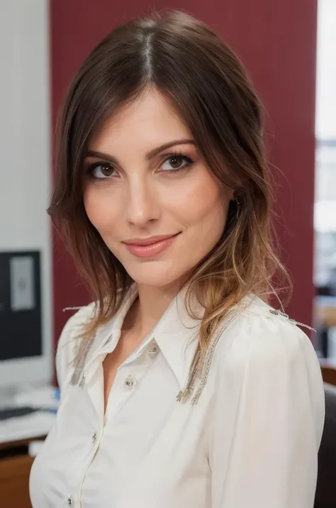 a beautiful picture of cristinini ,woman,  detailed skin texture,masterpiece, photorealistic, RAW color photo,(fully in frame:1.1),brunette, detailed face,indoors,city building,office,wearing a white blouse,upper body,looking at viewer,  <lora:cristinini (...