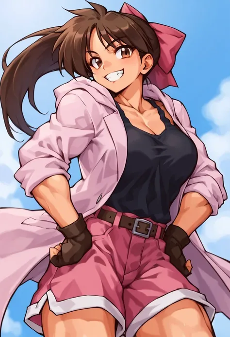 Score_9, score_8_up, score_7_up, score_6_up, score_5_up, score_4_up, NatsukaFuou, brown hair, long ponytail, hair bow, ribbon, brown eyes, athletic female, large breasts, pink coat, black tank top, fingerless gloves, fuchsia baggy shorts, pink-black shoes,...