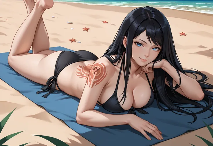 score_9, score_7_up, source_anime, 1girl, looking at viewer, smile, lying, on stomach, head rest, <lora:ShanoaCV-pdxl:1> shanCV, long hair, black hair, blue eyes, tattoo, back tattoo, cleavage, black bikini, side-tie bikini bottom, beach, towel