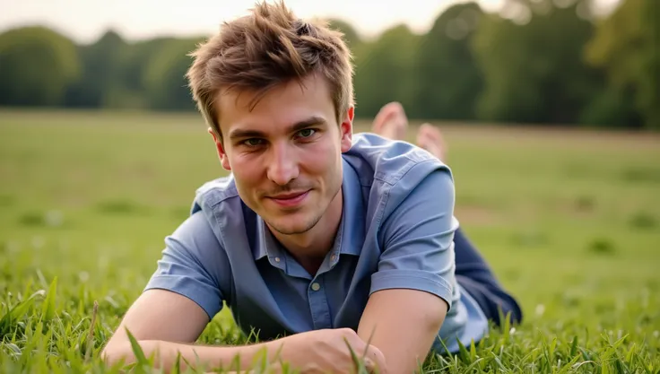 (leon, 21 yo male model, slim) casual shirt, resting head on arm, smile, looking at viewer. Lying on stomach on grass, in a meadow, maple trees in the background. He is very close and slightly above the viewer. The sun shines on his face. Close-up portrait...