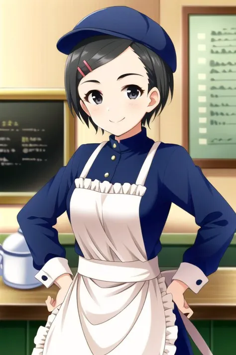 (masterpiece),matsuo chizuru, short hair, black hair, black eyes, 1girl, solo, hat, smile, hair ornament, hairclip, mob cap, hand on hip, looking at viewer, apron