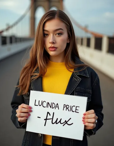 <lora:Jessica_Alexander:1> The image is a portrait of a young woman with long, straight hair. She is standing on a bridge with a blurred background. The woman is wearing a bright yellow sweater and a black denim jacket. She has a serious expression on her ...