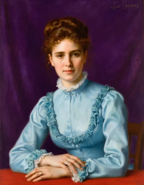 the painting by cabanel depicts a young woman with curly brown hair wearing a blue blouse with a high collar and ruffled cuffs. ...