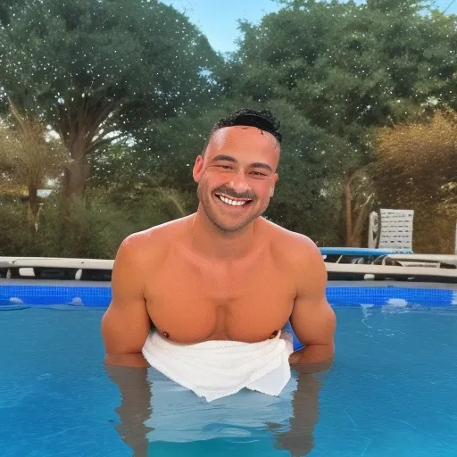 b3nsky, a man, short hair, towel, leaning into the camera, smile, we hair, whiye shorts, blue string vest, rock formaton, green top, outdoors, bed with black bed frame, legs submerged in water