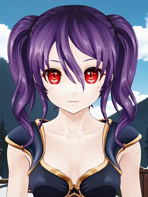 1girl, solo, xbreex, purple hair, twintails, open eyes, red eyes, freckles, looking at viewer,
score_8_up, score_9_up, <lora:Bree-000002:0.8>