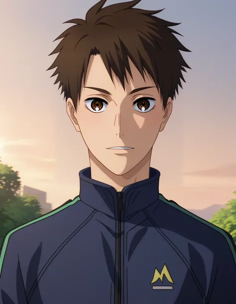 <lora:Kakeru_and_Haiji:1>,zPDXL2,haiji kiyose,male focus,1boy,solo,looking at viewer,close-up,bodysuit,outdoors,open mouth,smile,shade,shadow,dark blue-green jacket,sunset,anime screenshot,