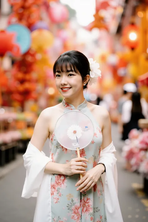 HanoiGirl, MidAutumn, A 30 years old woman is posing gracefully in a lively and colorful street, surrounded by vibrant festival decorations. She is dressed in a sleeveless floral dress with traditional Asian elements and a white shawl draped elegantly arou...