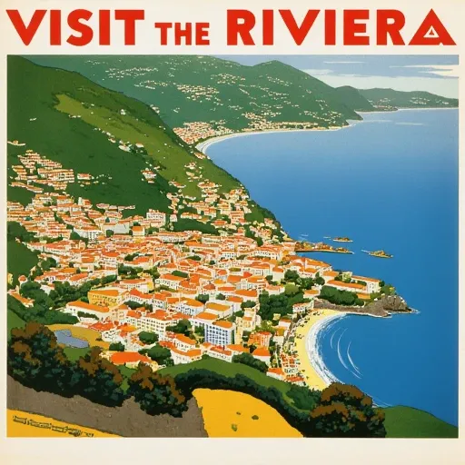 A vibrant 1930s-style vintage travel poster featuring a scenic coastal town. The town is nestled between lush green hills and a sparkling blue sea. The poster has bold, retro typography at the top, with a slogan like Visit the Riviera! in a classic art dec...