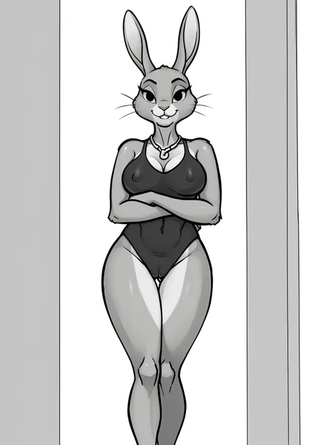 (score 9 up, score 8 up, highest score, highest quality),
 <lora:XBOY_Artist_Style_PonyXL:1>,monochrome, greyscale, hetero, jewelry furry anthro female rabbit, looking at viewer, cameltoe, standing,