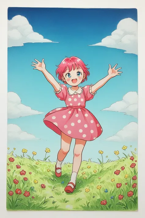 score_9, score_8_up, score_7_up, score_6_up,traditional media, marupStyle, 1girl, pink dress, white polka dots, twirling, grass, field, flowers, happy, clear blue sky