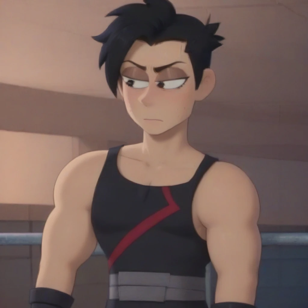 laser_blast, black hair, tank top, stubble, eyeliner, hot, buff, sexy, , annoyed, 1boy, looking at viewer