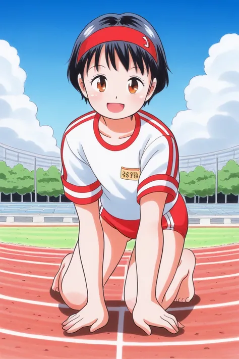 score_9, score_8_up, score_7_up, score_6_up, traditional media, marupStyle, marupStyle, 1girl, all fours, barefoot, black hair, brown eyes, buruma, cloud, collarbone, goal, grass, gym uniform, headband, highres, looking at viewer, marup, name tag, open mou...